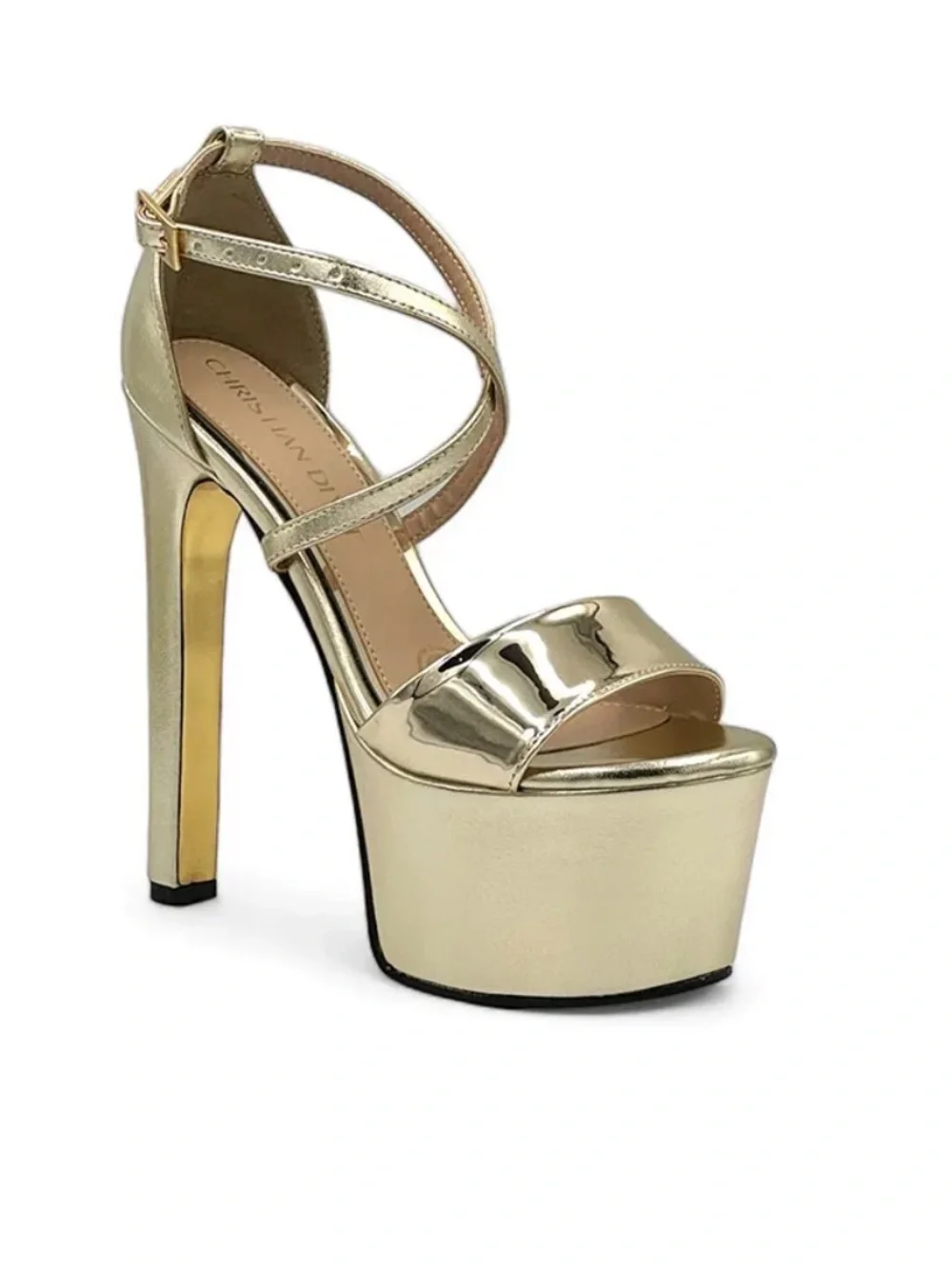 Gold Platform High-Heel Sandals with Ankle Strap